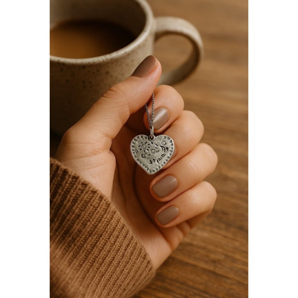 Rustic Pewter Heart-Shaped Pendant with Celestial Symbols – 1" x 1"